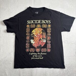G59 Suicide Boys Lighting the Flames Black SS Grahic Shirt Distressed Men's L